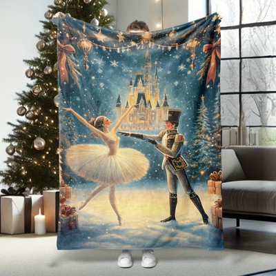 1pc Christmas Ballet Dancer & Nutcracker Flannel Blanket, Contemporary Style, Blue, Soft Throw for Living Room, Bedroom, Sofa, Winter Decor.