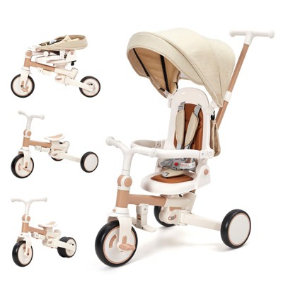 7-in-1 Foldable Baby Tricycle with Adjustable Parent Handle – Toddler Trike with Safety Harness, Wheel Brakes & Removable Canopy