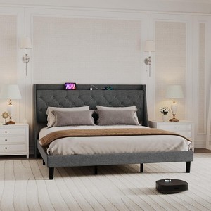King Upholstered Bed Frame with Storage Shelf & Charging Station, Tufted Headboard, Wood Slats Support, No-Noise, Dark Gray - 1 of 4