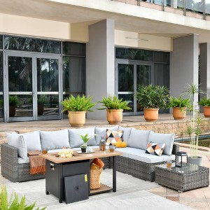 Ovios Venice 8pc Wicker Outdoor Patio Furniture Set Conversation Sofa with a Storage Fire Pit and Cushions - 1 of 4