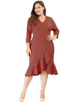 Agnes Orinda Women's Plus Size Cocktail V-neck Wrap Ruffled Midi Bodycon Dresses