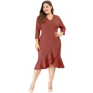 Agnes Orinda Women's Plus Size Cocktail V-neck Wrap Ruffled Midi Bodycon Dresses - 1 of 4