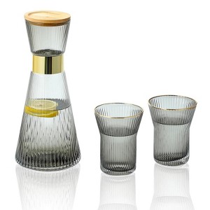 Slickblue Stylish Hand-Blown Clear/Grey Glass Carafe Set with Bamboo Lid, 34 oz Carafe and 2 Glasses - 1 of 4