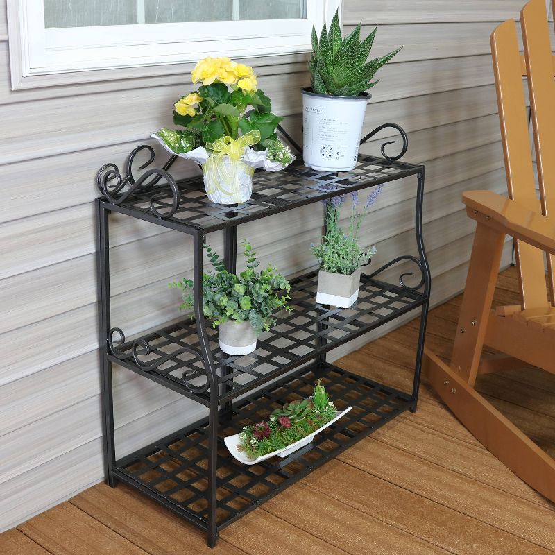 Sunnydaze Indoor/Outdoor Iron Metal 3-Tiered Potted Flower Plant Stand with Scrolled Back Design - 30" - Black, 5 of 14