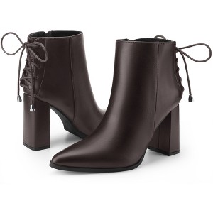 BLISSFUL STEP Women's Pointed Toe Chunky Heel Back Lace Up Ankle Boots - 1 of 3