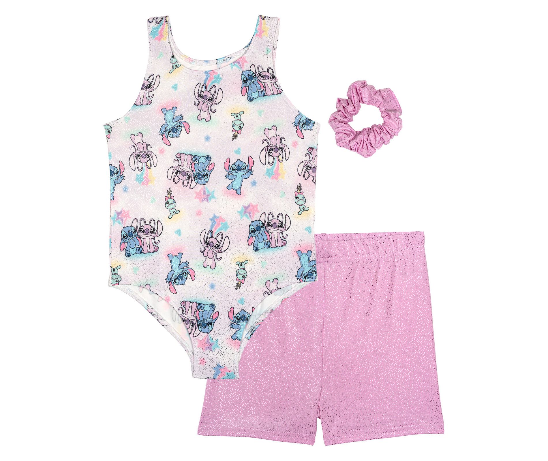 Disney Lilo & Stitch Big Girls Gymnastics Leotard, Shorts and Scrunchie 3 Piece Outfit Set Lavender Pink Stitch Angel 10-12