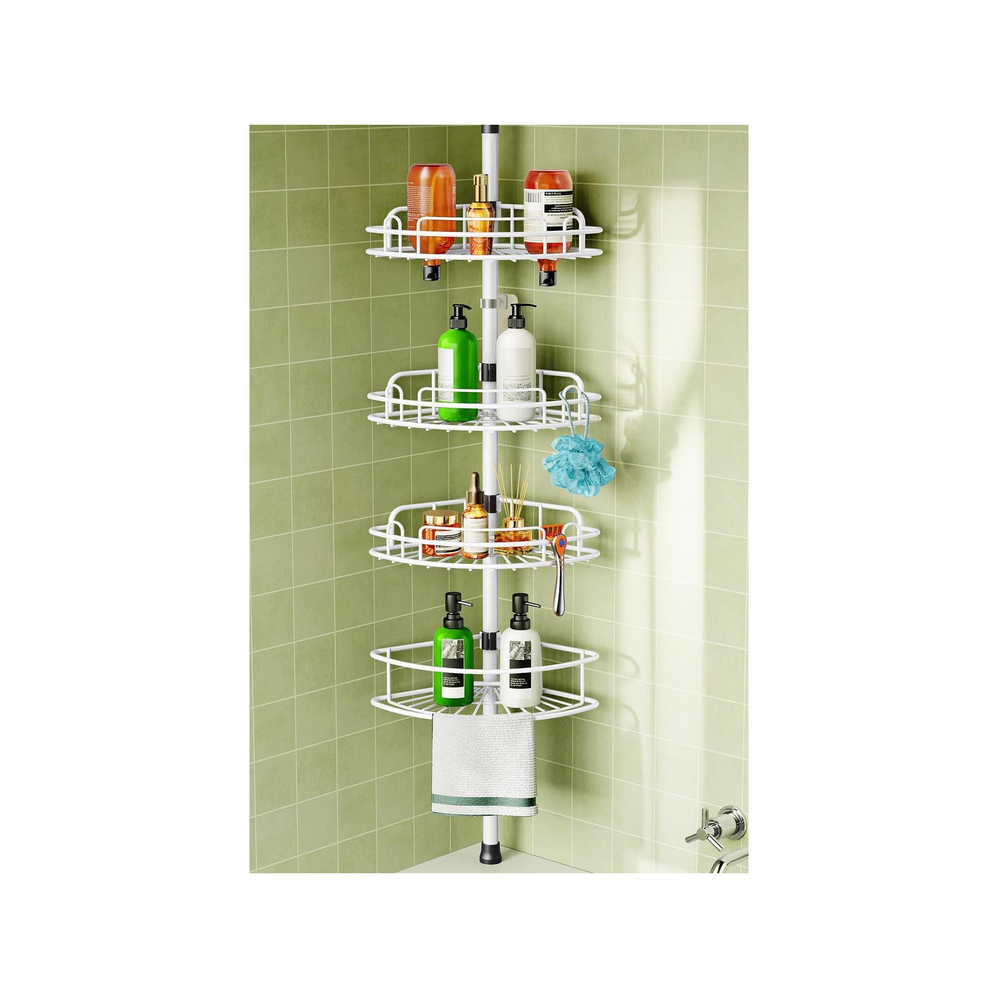 HAMITOR Corner Shower Caddy Tension Pole: Rustproof Bathroom Organizer Shelves for Bathtub Shampoo Accessories Storage Holder