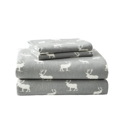 Gray Elk Grove Cotton Flannel Full Sheet Set with Deer Pattern