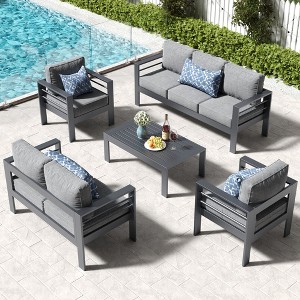 LayinSun Outdoor Aluminum Furniture Set, 5 Pieces Patio Sectional Conversation Chat Sofa Modern Seating Set with Coffee Table - 1 of 4
