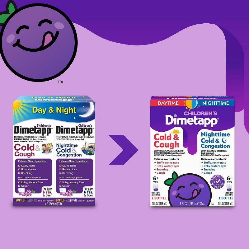 Children's Dimetapp Day/Night Cold, Cough & Congestion Relief Liquid - Dextromethorphan - Grape Flavor - 4 fl oz/2pk, 4 of 6