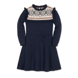 Hope & Henry Girls' Organic Ruffle Collar Fair Isle Yoke Sweater Dress, Scottish Snowflake, 6 - 1 of 4