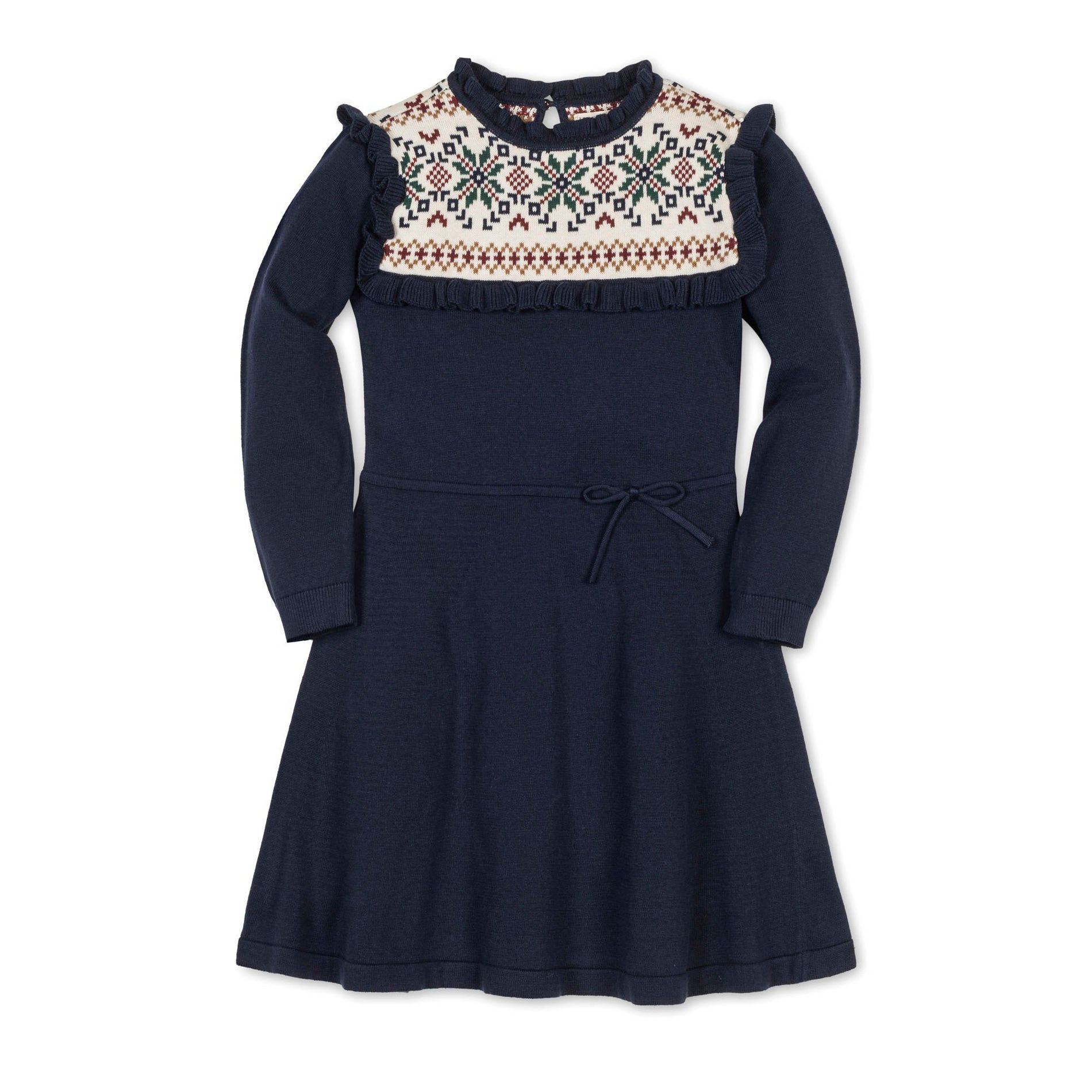 Hope & Henry Girls' Organic Ruffle Collar Fair Isle Yoke Sweater Dress, Kids