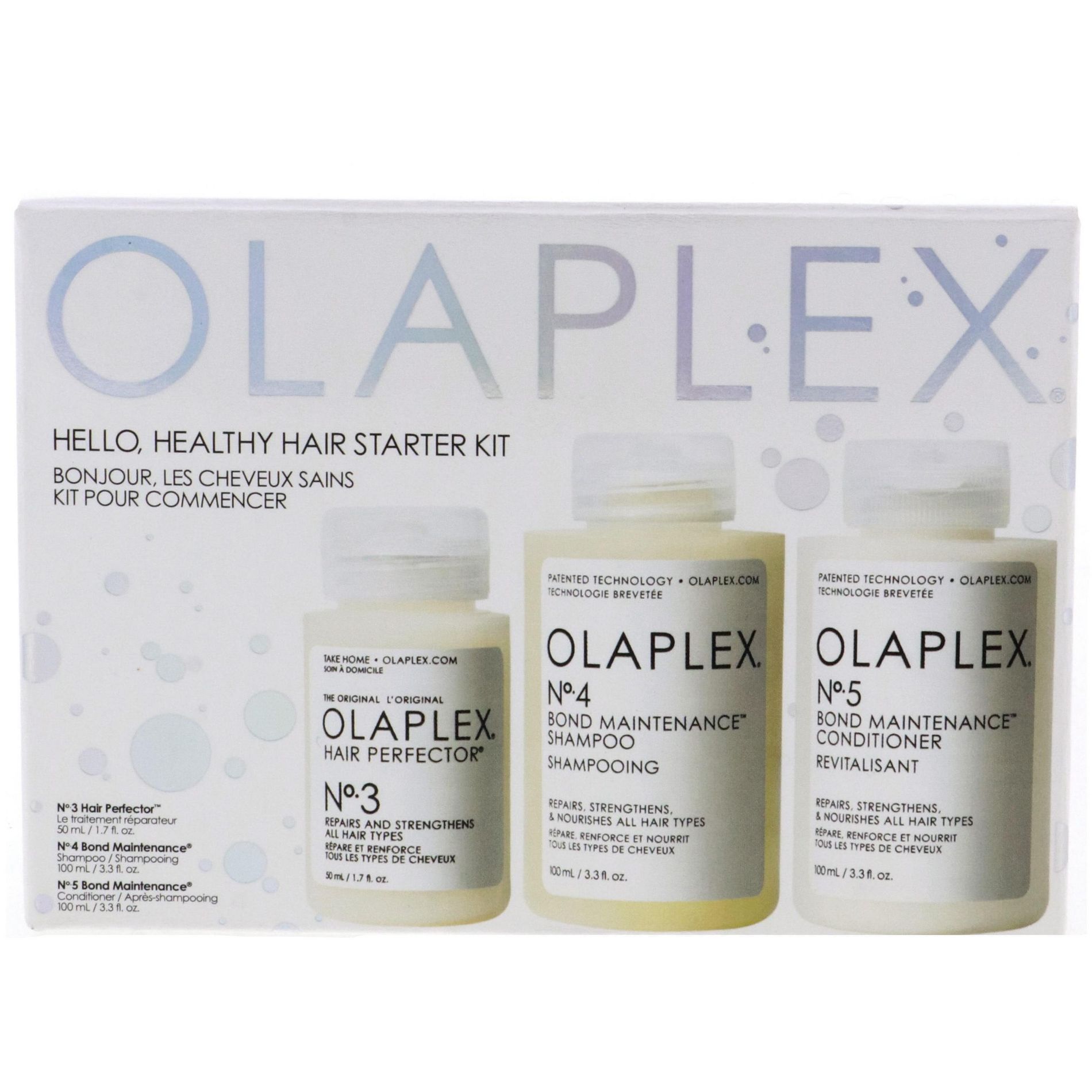 Olaplex Hello Healthy Hair Starter Kit (No.3 Hair Perfector 1.7 oz, No.4 Bond Maintenance Shampoo 3.3 oz, No.5 Bond Maintenance Conditioner 3.3 oz)