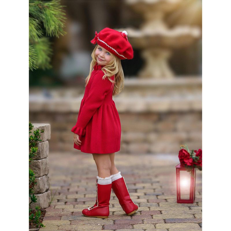Girls Cozy Holiday Red Ruffle Knit Sweater Dress - Mia Belle Girls, 4 of 8