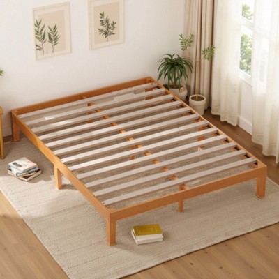 INFURNIC Beds Wood Bed Frame, King Size Wooden Platform Bed Frame Mattress Foundation With Support Slats, Bedstead, Brown, 79.5"*75.5"*12"