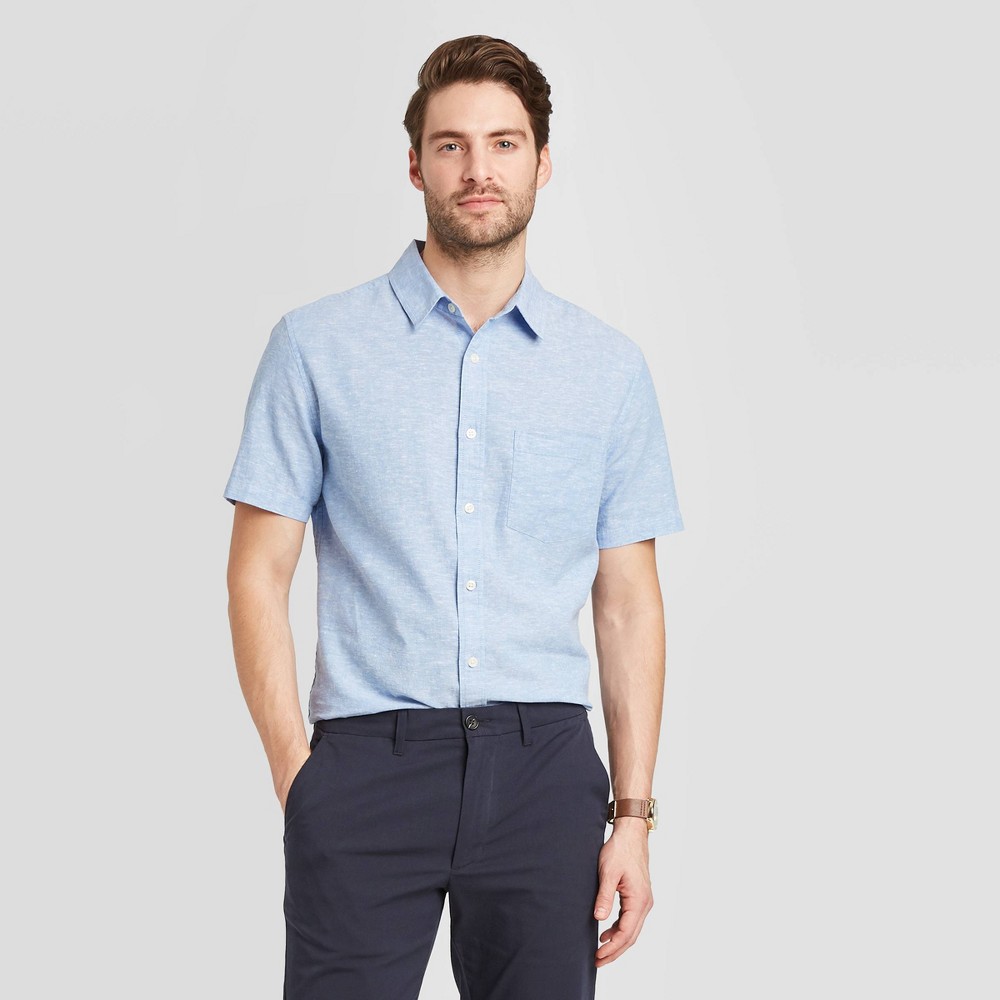 Men's Standard Fit Short Sleeve Linen Shirt - Goodfellow & Co Blue M was $19.99 now $12.0 (40.0% off)