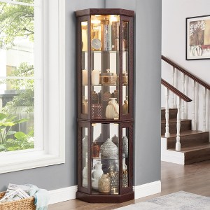 ORRD Lighted Corner Curio Cabinet, Elegant Dark Cherry Glass Display with Built-in Lighting - 1 of 4