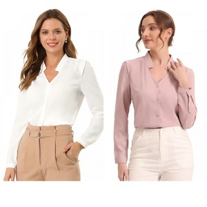 INSPIRE CHIC Women's Elegant V Neck Work Office Button Up Shirt 2 Packs - 1 of 4