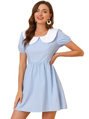 Allegra K Women's Contrast Peter Pan Collar Puff Short Sleeve A-line Dress