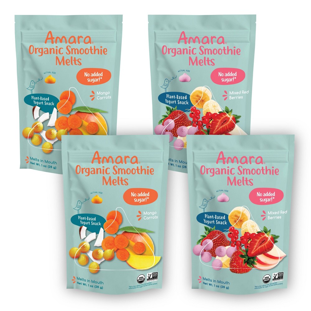 Amara Organic Smoothie Melts Plant Based Yogurt Baby Snack Mango Carrot 1oz + Mixed Red Berries 1oz
