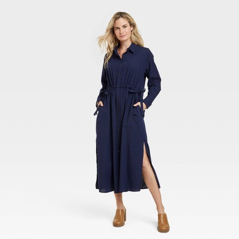 Women's Long Sleeve Cinch Waist Maxi Shirtdress - Universal Thread™ Navy  Blue XL