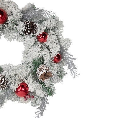 Flocked Pine with Red Ornaments 24-Inch Artificial Christmas Wreath