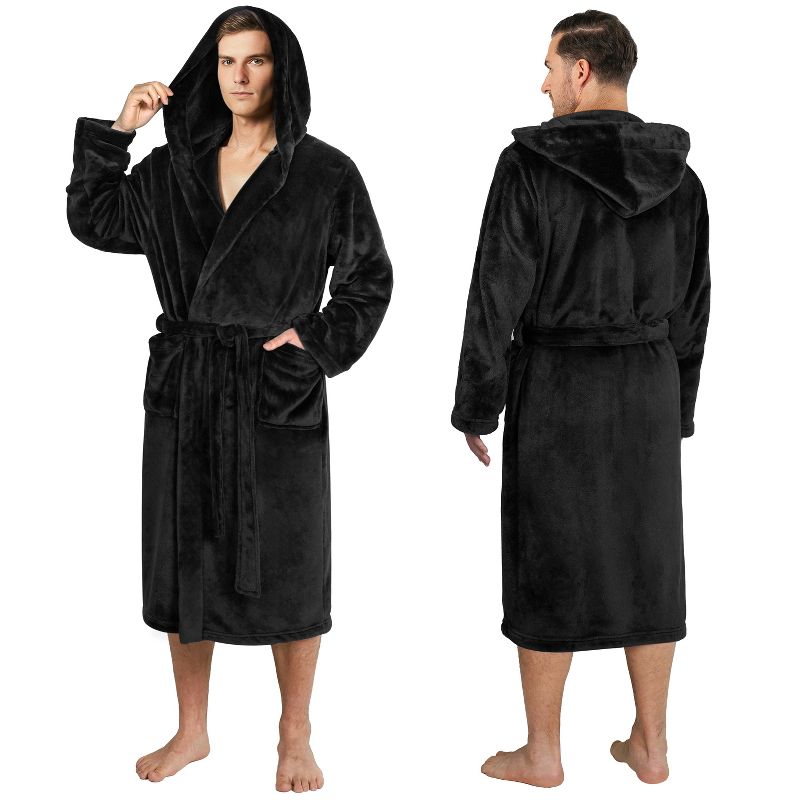 PAVILIA Mens Soft Robe with Hood, Bathrobe for Men, Lightweight Fleece Male Hooded Robe Long Bath Shower Spa (Black, 2XL/3XL)