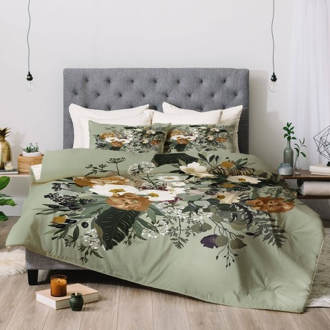 Deny Designs Queen/Full Iveta Abolina Paloma Midday Comforter Set Green - Deny Designs: Reversible Floral Bedding, 3-Piece, Lightweight Polyester
