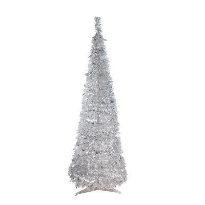 Northlight 6' Prelit Artificial Christmas Tree Silver Tinsel Pop-Up - Clear Lights