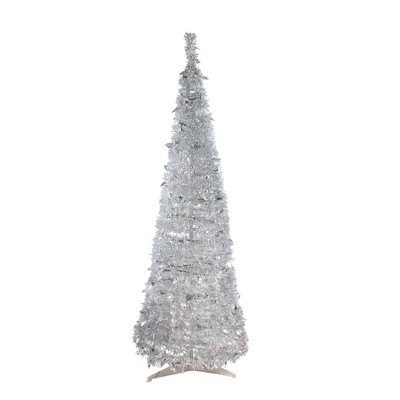 Northlight 6' Prelit Artificial Christmas Tree Silver Tinsel Pop-up ...