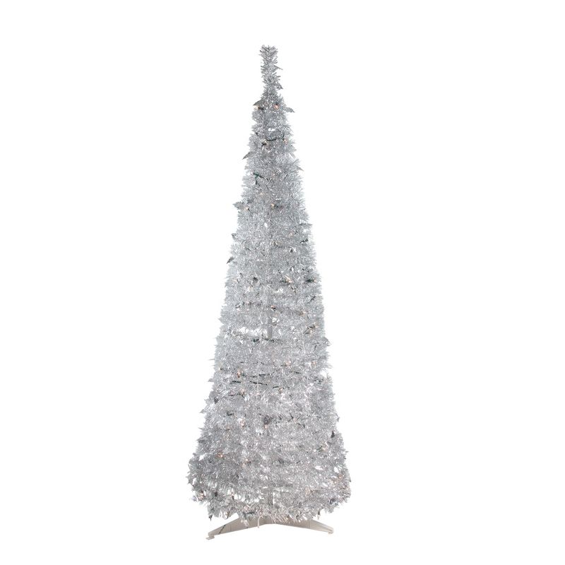Northlight 6' Prelit Artificial Christmas Tree Silver Tinsel Pop-Up - Clear Lights, 1 of 8