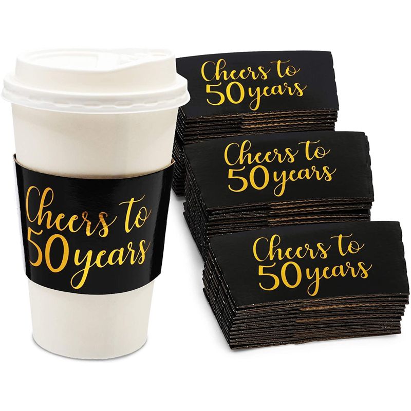 Sparkle and Bash 50-Pack Cheers to 50 Years Corrugated Coffee Cup Sleeves For Paper Cups, 50th Golden Anniversary, 2 of 7