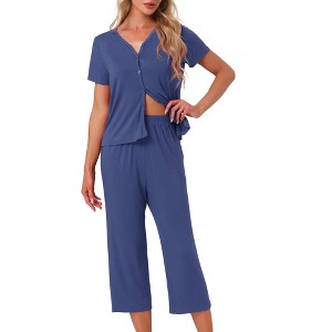 INSPIRE CHIC Womens Capri Pajamas Set Short Sleeve Button Down Sleepwear V Neck Pjs 2 Piece Lounge Set - 1 of 4