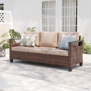 Sonkuki Outdoor Wicker Patio 3-Seat Sofa, PE Rattan Conversation Set With All-Weather Cushions - 1 of 4