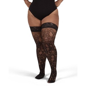 Memoi Women's Net Swirl-Pattern Lace-Top Plus Size Thigh High Stockings - 1 of 3