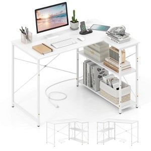 Costway L-Shaped Computer Desk with Power Outlets Adjustable shelf Heavy-Duty Metal Frame Brown/White/Black - 1 of 4