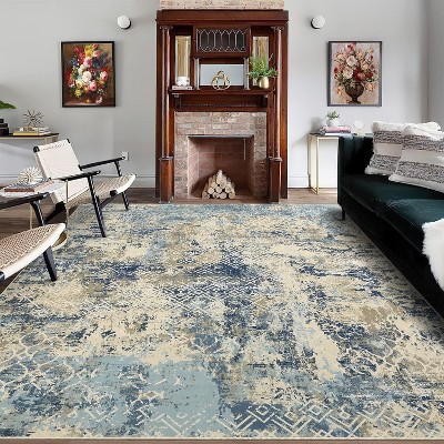 Modern Abstract Washable Area Rug, Low Pile Non-Slip Non-Shedding Foldable Carpet for Bedroom Living Room Playroom