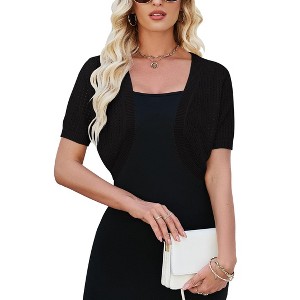 Womens Lightweight Shrugs Short Sleeve Open Front Cropped Cardigan Crochet Knit Sweater - 1 of 4