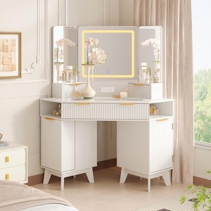 Acekool Fluted Vanity Table with Mirror, Glass Top, Cabinet and Drawers, Makeup Desk - 1 of 4