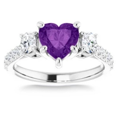 Pompeii3 7mm Amethyst Three-Stone Diamond Heart Shape Ring in 14k White or Yellow Gold