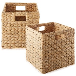 Casafield 12" x 12" Water Hyacinth Storage Baskets - Set of 2 Collapsible Cubes, Woven Bin Organizers for Bathroom, Bedroom, Laundry, Pantry, Shelves - 1 of 4