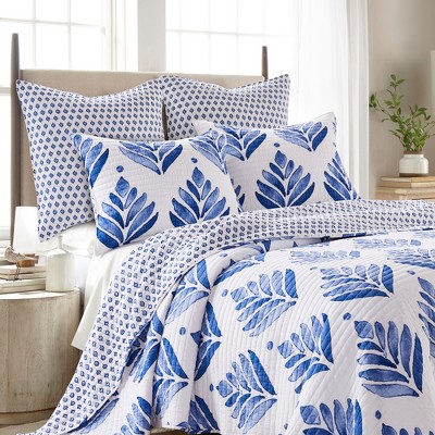 King White Cotton Reversible Quilt Set with Blue Floral Design