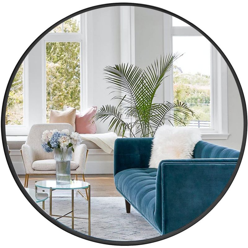Serio Circle Brushed Aluminum Frame Large Circle Black Round Wall Mirror -The Pop Home, 3 of 8