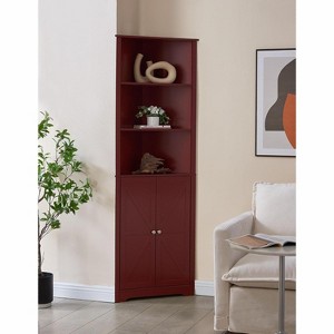 Kings Brand Furniture Tall Wooden Corner Cabinet with 2 doors & 3 shelves—perfect for saving space in the bathroom, kitchen, or living room. - 1 of 4