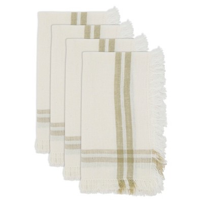 Beige Fringed Stripe Cotton Napkins, 20"x20", Set of 4