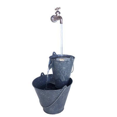 23.5" Zinc Metal Pails Rustic Garden Water Fountain with Tap and LED Light Light Gray - Hi-Line Gift