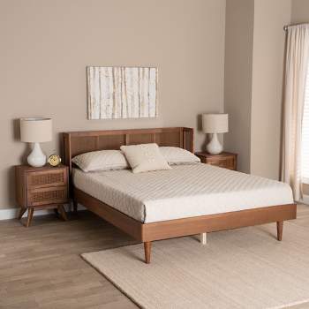 Baxton Studio Rina Mid-Century Modern Walnut Wood Bedroom Set with Synthetic Rattan