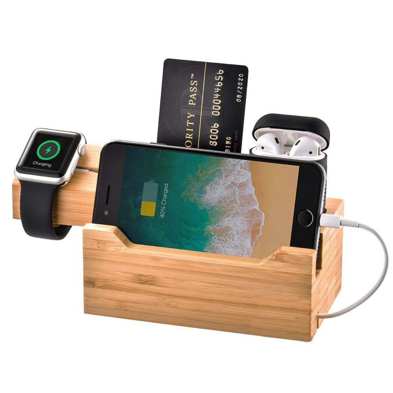 Trexonic 3 in 1 Bamboo Charging Station with Card Holder, 1 of 4