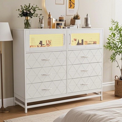 Jojoka 6-Drawer & 2-Door Storage Cabinet Dresser with Built-In Charging Station and RGB LED Lighting – Tall White Chest, White