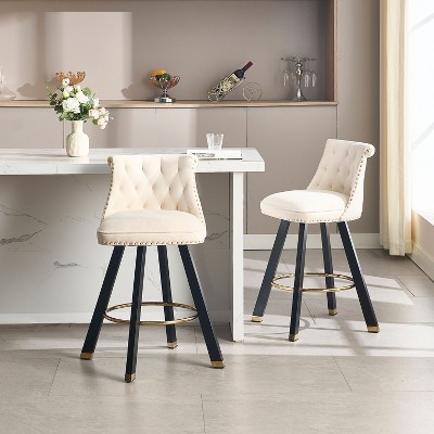 Sapphtopaz Swivel Bar Stools Set of 2, Upholstered Counter Dining Chairs with Nailhead and Back Pull Loop, High Chair for Kitchen, Living Room